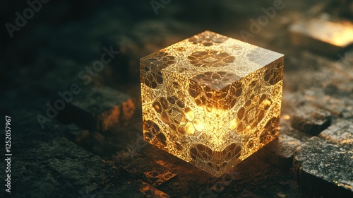 Golden cube glowing on dark stone, futuristic photo