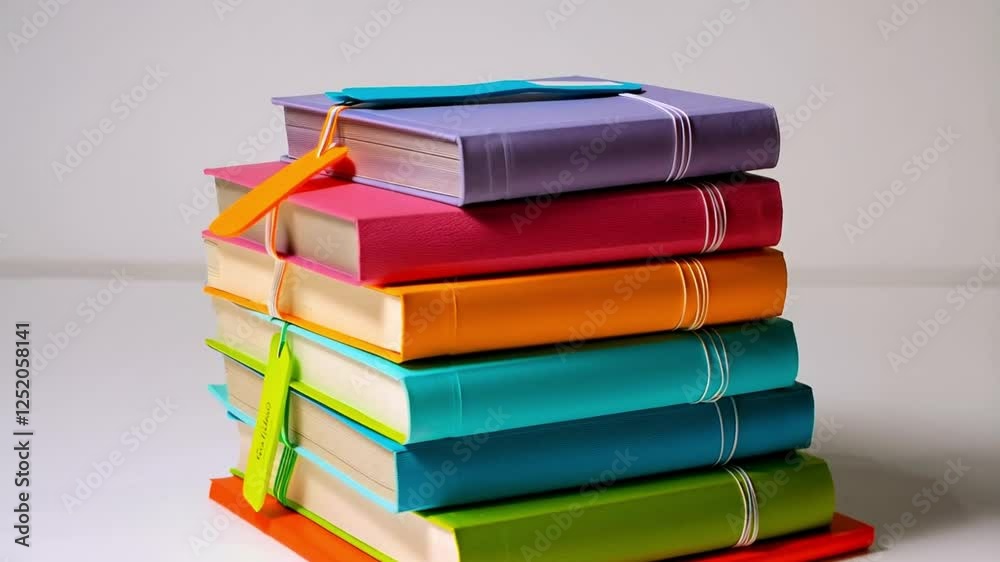 Stack of colorful books with bookmarks on white background, Video