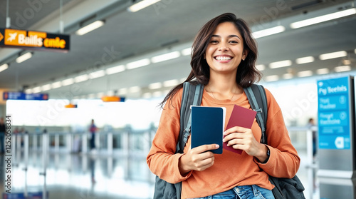 Travel, airport and excited woman with passport. travel ticket and documents for immigration, journey and flight schedule. Backpack person with identity document search for international registration