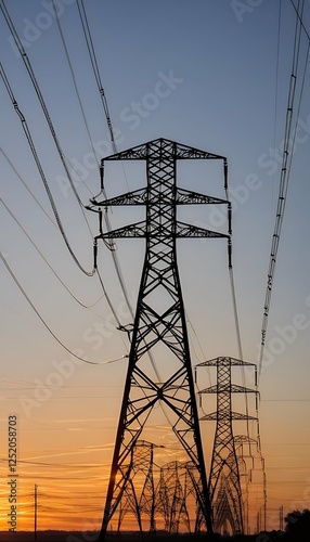 sunrise powerlines 3d electric power tower line supply generation electricity steel cable energy pylon industry row tall high blue structure tree generator engineering signs orange voltage