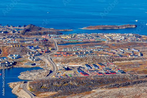 Colorful arctic Inuit houses at the fjord shore, Nuuk city panorama view from the top of Store Malene, Greenland photo