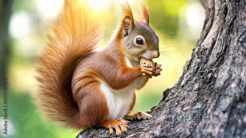 Adorable Red Squirrel Eating Nut On Tree Trunk Adorable Red Squirrel Eating Nut On Tree Trunk