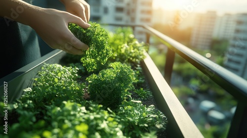 Urban Balcony Herb Garden - Hands tending fresh greens in a planter box overlooking cityscapes at sunset photo