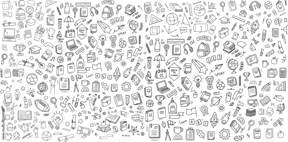 Huge set of school supplies icons. Back to school line art doodle