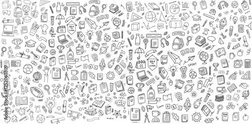 Huge set of school supplies icons. Back to school line art doodle