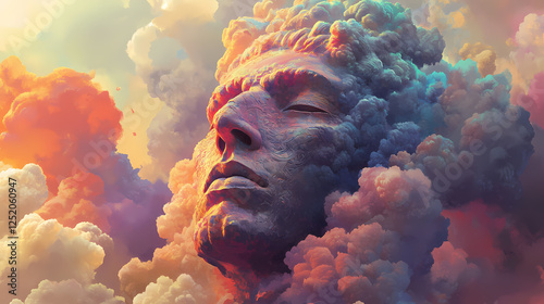 A digital artwork focused on a gargantuan head sculpture emerging from swirling, vivid clouds. Gargantuan Statues. Illustration