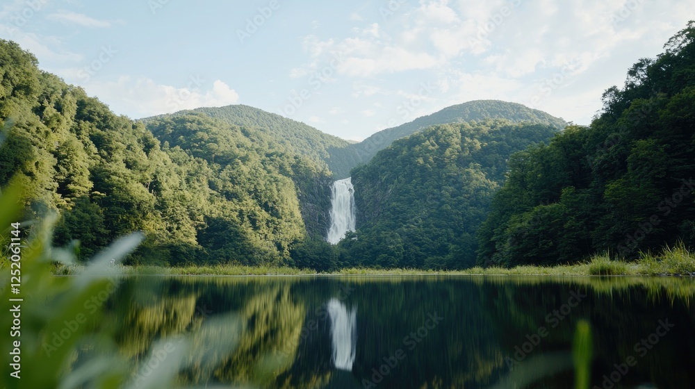 Waterfall reflecting in mountain lake, serene nature Waterfall reflecting in mountain lake, serene nature