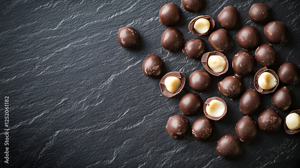 Obraz premium Delicious chocolate-covered nuts on a dark slate surface inviting sweet indulgence and gourmet enjoyment