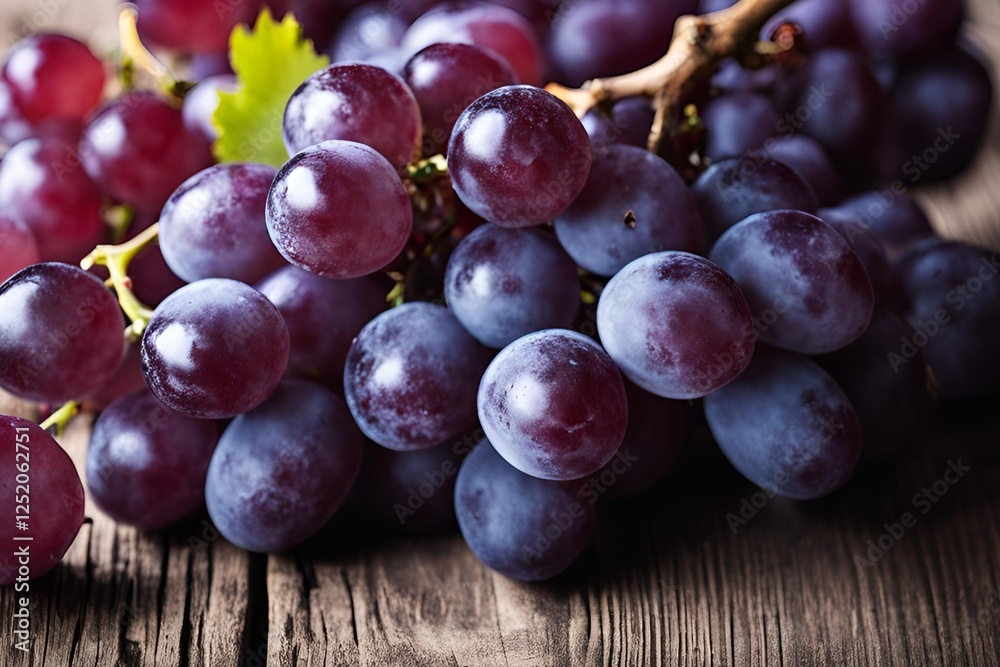 Close-up of fresh purple grapes on wood table Close-up of fresh purple grapes on wood table