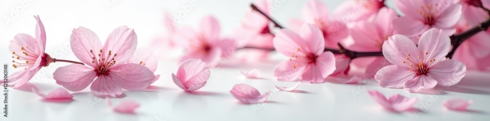 Delicate cherry blossom petals unfurl on a crisp white surface, floral, blossoms Delicate cherry blossom petals unfurl on a crisp white surface, floral, blossoms
