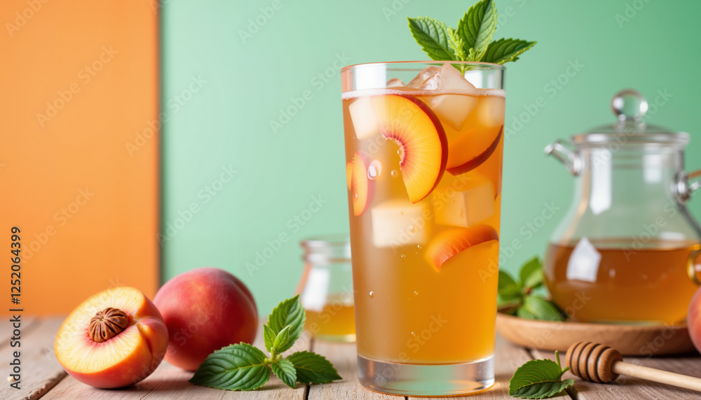 Fototapeta premium Refreshing peach iced tea on rustic table with mint, summer vibes