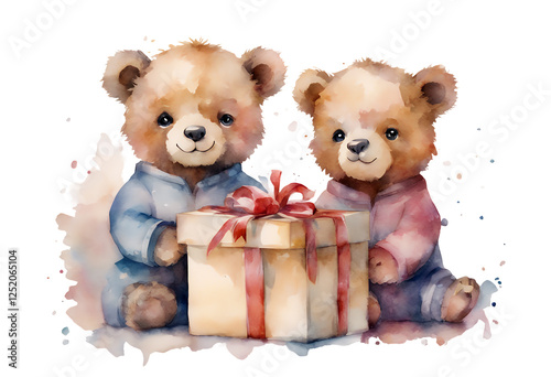 Obraz na płótnie fluffy illustration white animal gift soft nubes object fur sitting bears little childhood plush cute cuddly boxes background teddy brown toy children watercolor isolated furry bear love stuffed w salonie
