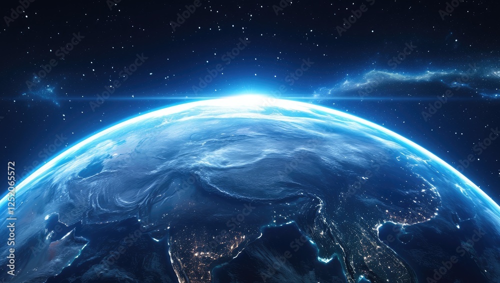 Obraz premium High angle view of a digital representation of Earth, detailed with glowing light points, depicting continents and city lights. Sunrise effect on the horizon of the planet in a vast space background