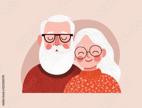 Happy seniors embracing love and togetherness in warm tones - charming illustration of aging gracefully and family bonds