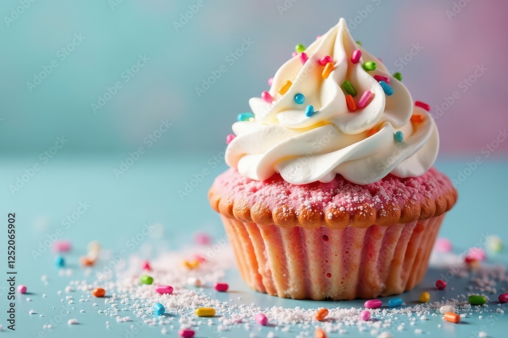 Frosty treat with colorful sprinkles and whipped cream on top, toppings, pastry, powdered sugar Frosty treat with colorful sprinkles and whipped cream on top, toppings, pastry, powdered sugar