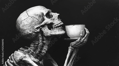 Skeleton drinking coffee, vintage tattoo style, monochrome design with grunge texture, humorous touch photo