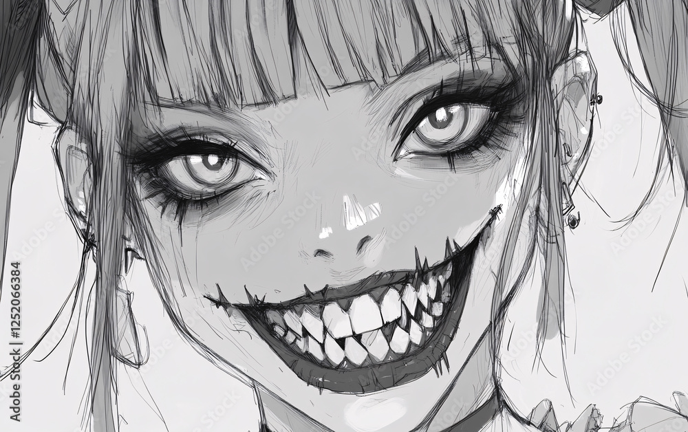 Dark and Eerie Hand-Drawn Illustration of a Sinister Figure with a Wide, Unsettling Grin, Capturing Horror and Psychological Tension Dark and Eerie Hand-Drawn Illustration of a Sinister Figure with a Wide, Unsettling Grin, Capturing Horror and Psychological Tension