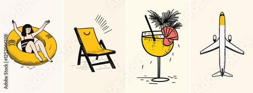 Summer holiday and travel hand drawn style poster illustration set