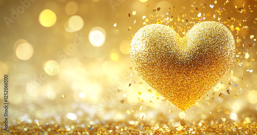 A golden heart with glitter and confetti bursts against a soft golden background. This celebratory scene perfectly represents a joyful Valentine's Day or other festive occasions.