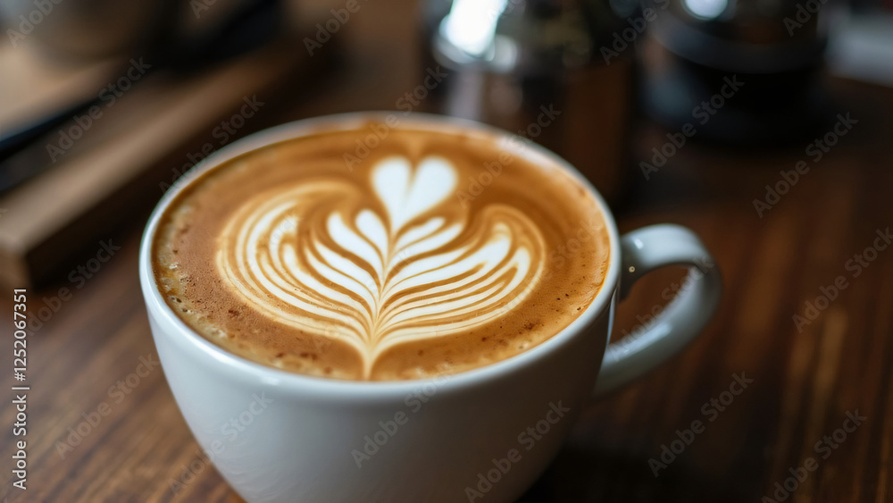 An intricate latte art in a cappuccino, with coffee-making tools in the background An intricate latte art in a cappuccino, with coffee-making tools in the background