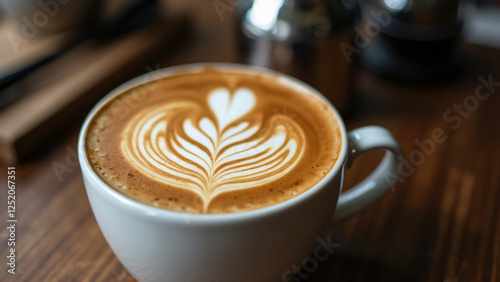 An intricate latte art in a cappuccino, with coffee-making tools in the background