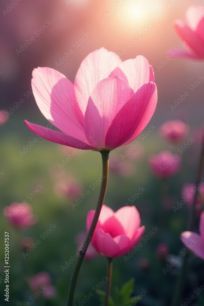 Soft pink petals sway gently in the morning breeze, sunrise, landscape, dawn Soft pink petals sway gently in the morning breeze, sunrise, landscape, dawn