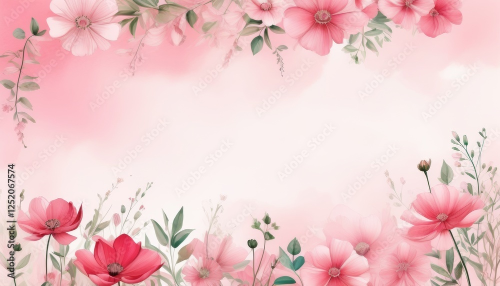 Obraz premium Zarte rosa Blumen mit grünen Blättern, stilvoll auf einem zarten Hintergrund mit pastellrosa Aquarellakzenten arrangiert – ein modernes Design in der Trendfarbe „Transcendent Pink“. Generative KI.