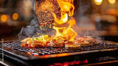 Person cooking food on hibachi grill with sizzling sounds and smoke rising from the grill