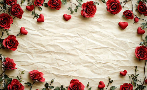 A romantic lined paper background decorated with delicate red roses and scattered hearts, evoking a nostalgic charm. The soft lighting enhances its warm and sentimental appeal.