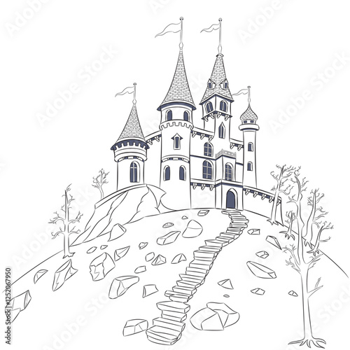 Illustration of a fairy tale medieval castle on a hill