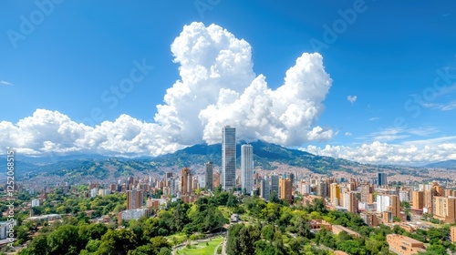 Medell?n cityscape, Andes mountains backdrop, sunny day, urban development, travel brochure