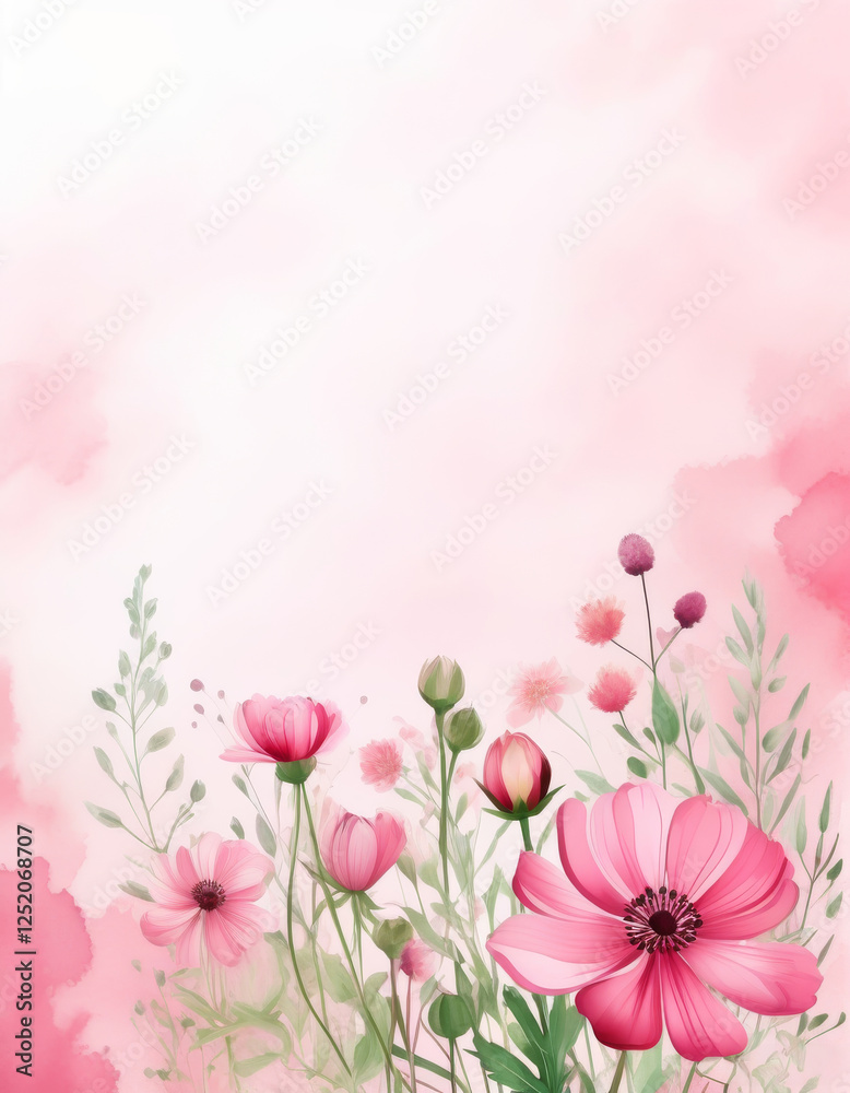 Sanfte rosa Blumen und Gräser vor einem weichen pastellrosa Verlauf – ein romantisches Design in der Trendfarbe „Transcendent Pink“. Generative KI. Sanfte rosa Blumen und Gräser vor einem weichen pastellrosa Verlauf – ein romantisches Design in der Trendfarbe „Transcendent Pink“. Generative KI.