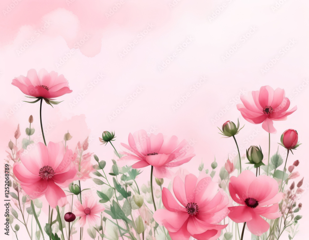Sanfte rosa Blumen und Gräser vor einem weichen pastellrosa Verlauf – ein romantisches Design in der Trendfarbe „Transcendent Pink“. Generative KI. Sanfte rosa Blumen und Gräser vor einem weichen pastellrosa Verlauf – ein romantisches Design in der Trendfarbe „Transcendent Pink“. Generative KI.