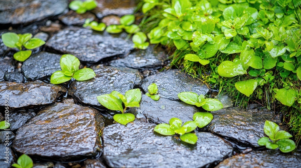 Rainy day garden path, plants sprouting, stone walkway