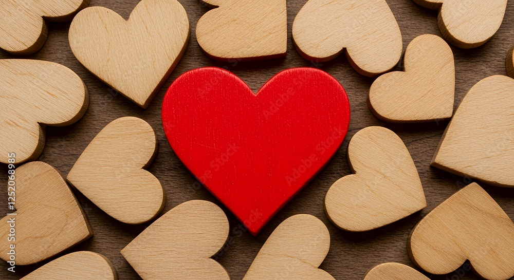 Obraz premium Red Heart Among Wooden Hearts Symbolizing Love and Individuality
