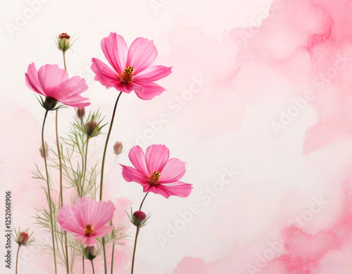 Zarte rosa Blumen mit grünen Blättern, stilvoll auf einem zarten Hintergrund mit pastellrosa Aquarellakzenten arrangiert – ein modernes Design in der Trendfarbe „Transcendent Pink“. Generative KI. photo