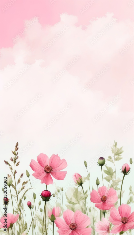 Sanfte rosa Blumen und Gräser vor einem weichen pastellrosa Verlauf – ein romantisches Design in der Trendfarbe „Transcendent Pink“. Generative KI.