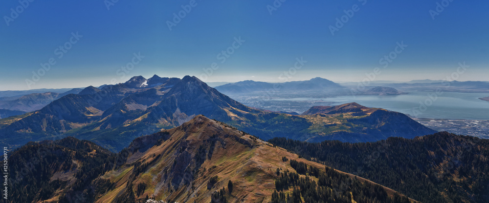 Mount Timpanogos Peak landscape view from Box Elder Peak, Wasatch Range Rocky Mountains, Uinta-Wasatch-Cache National Forest, Utah, United States