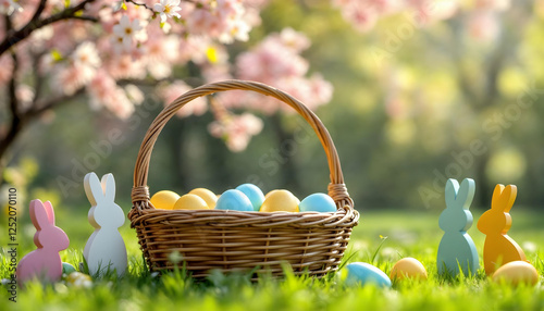 Colored or decorated Easter eggs in the basket and Easter Bunnies on the green grass under blooming spring bushes.