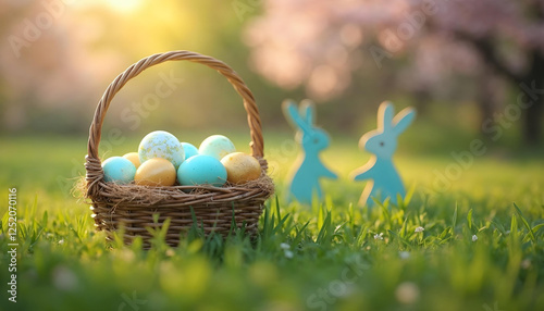 Colored or decorated Easter eggs in the basket and Easter Bunnies on the green grass under blooming spring bushes.