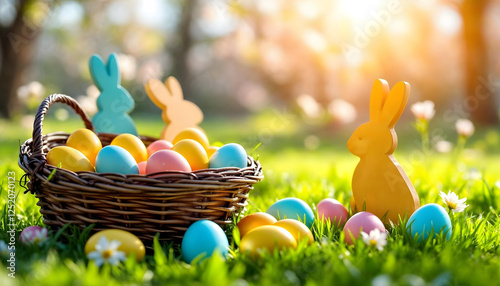 Colored or decorated Easter eggs in the basket and Easter Bunnies on the green grass under blooming spring bushes.