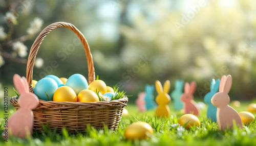 Colored or decorated Easter eggs in the basket and Easter Bunnies on the green grass under blooming spring bushes.