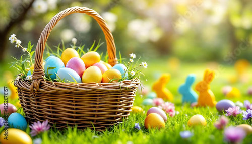 Colored or decorated Easter eggs in the basket and Easter Bunnies on the green grass under blooming spring bushes.