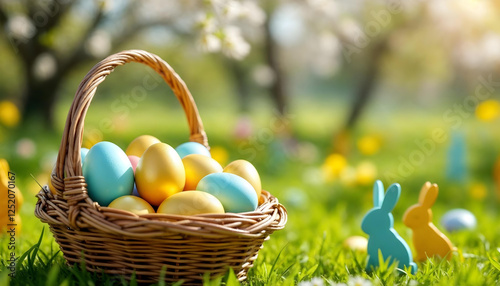 Colored or decorated Easter eggs in the basket and Easter Bunnies on the green grass under blooming spring bushes.