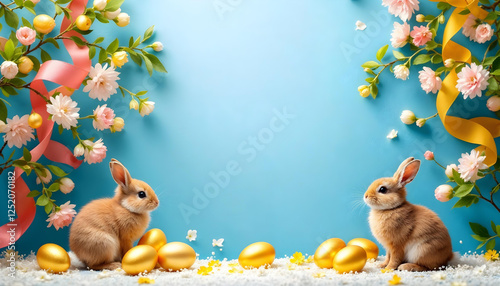 Blue Easter background with eggs and spring flowers arranged as a frame.