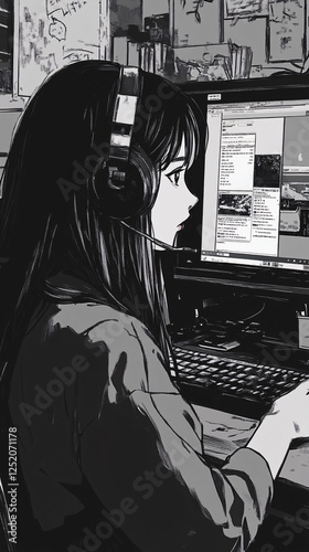 Black-and-White Anime-Style Illustration of a Young person Working on a Computer, Representing Technology, Study, and Digital Creativity photo