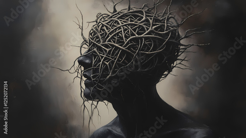 The artwork depicts a man's head intricately woven with neuron-like structures, symbolizing the complexity of human thought and intelligence in a dark, moody setting. Woven Reality. Illustration photo