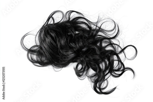 Lock of black hair isolated on a white background. Top view