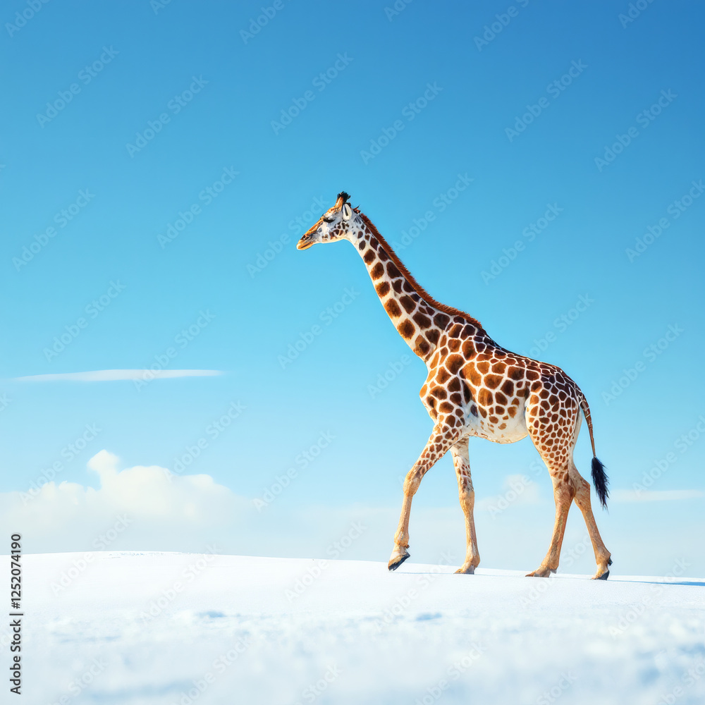 Obraz premium Stunning side view of a giraffe walking on the North Pole against a vibrant blue sky. Perfect for creative projects, advertising, and wildlife themes.