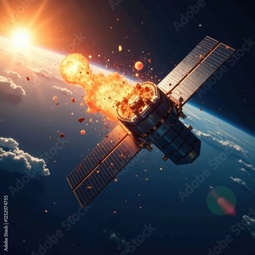 Satellite pieces disintegrate and scatter in Earth's atmosphere, explosion, material degradation, satellite destruction